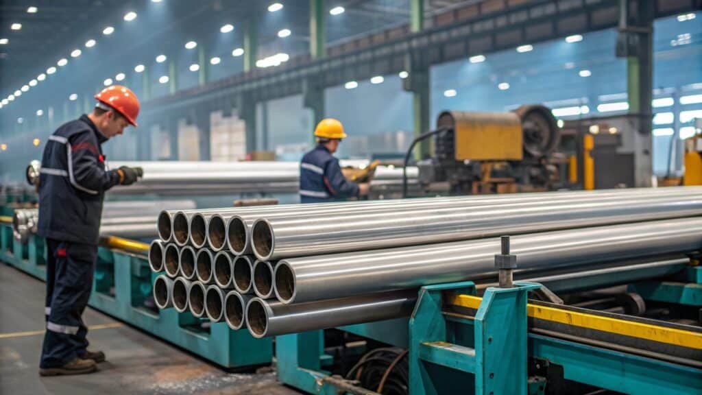 An image showing the complex machinery involved in the aluminum extrusion and drawing process.